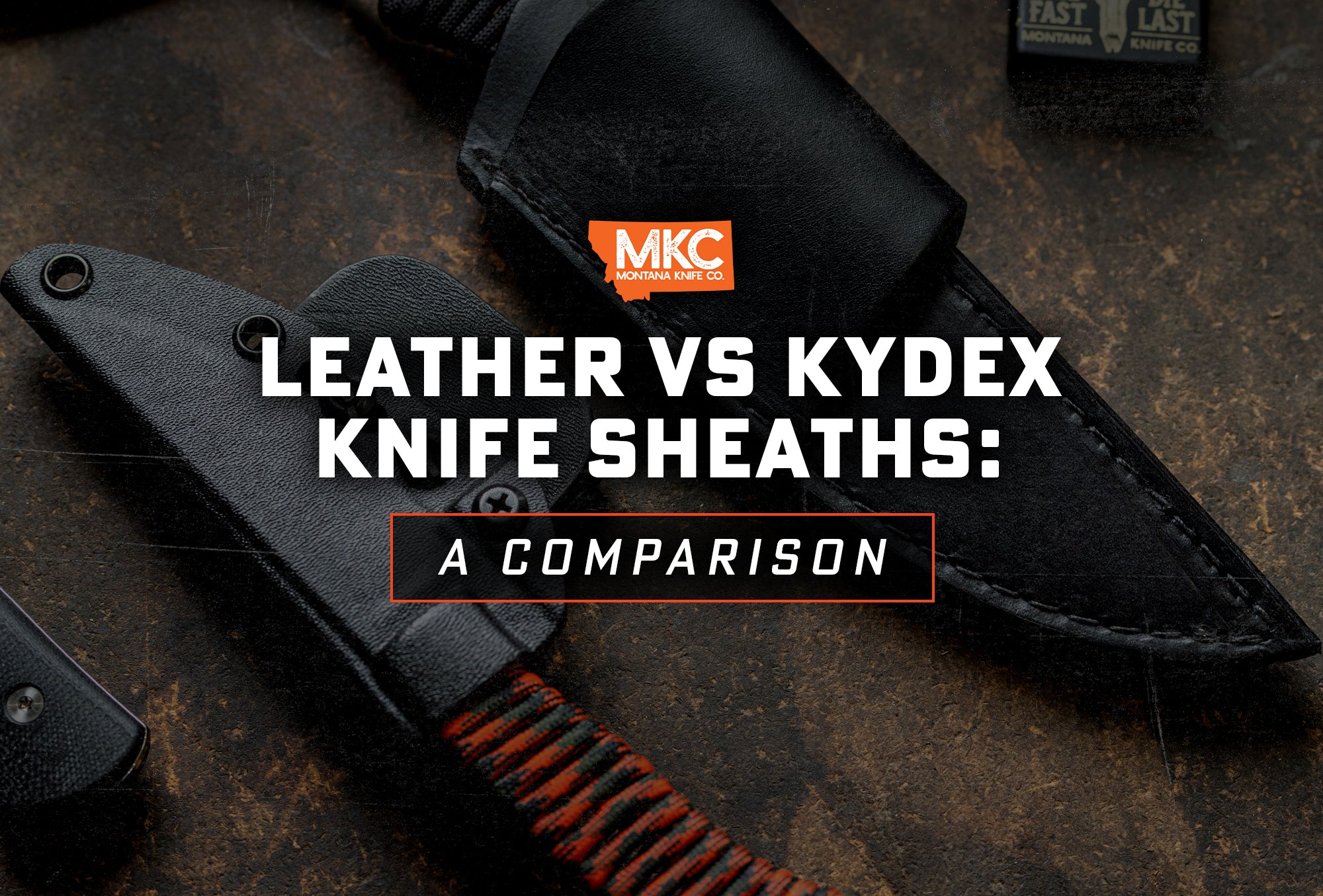 Two knives with kydex knife sheaths on a table. 