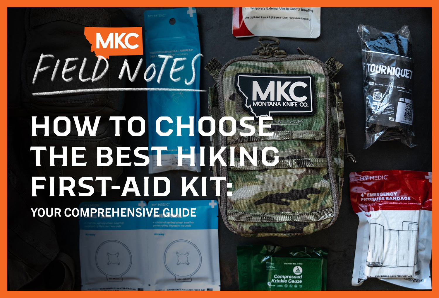 Hiking first-aid kit with medical supplies.
