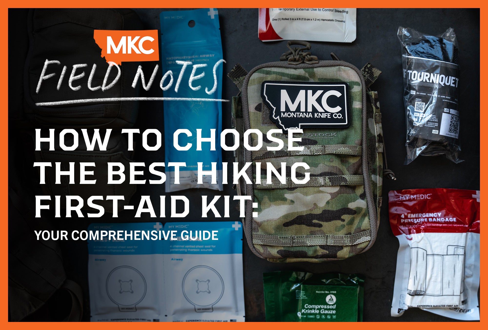 Hiking first-aid kit with medical supplies.