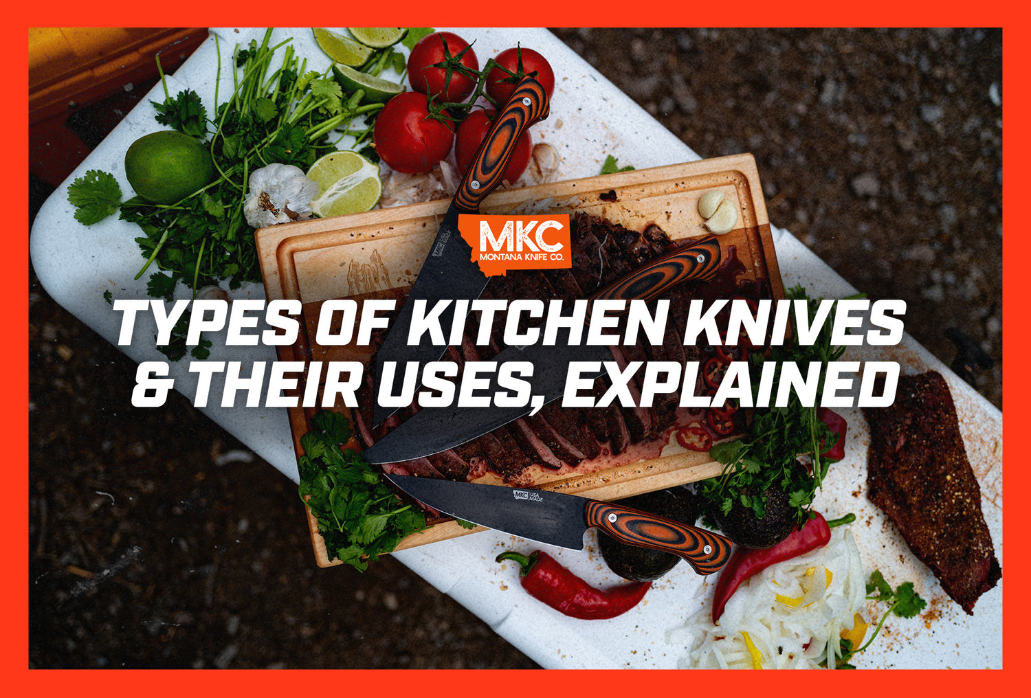A white cutting board holds veggies, meat, a small wood cutting board, and three types of kitchen knives from MKC.