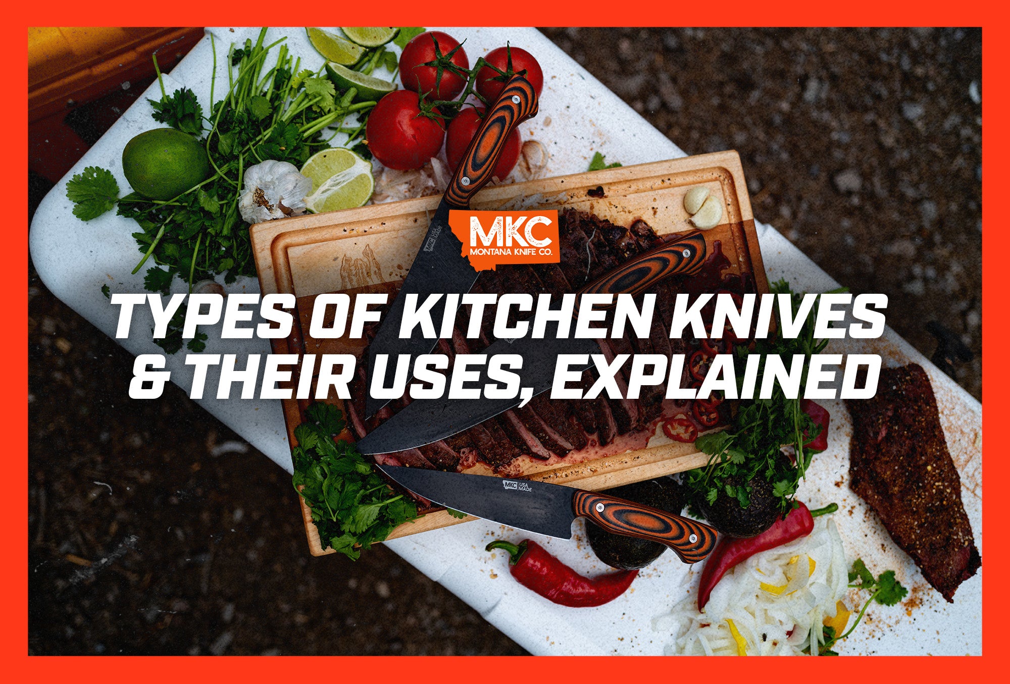 A white cutting board holds veggies, meat, a small wood cutting board, and three types of kitchen knives from MKC.