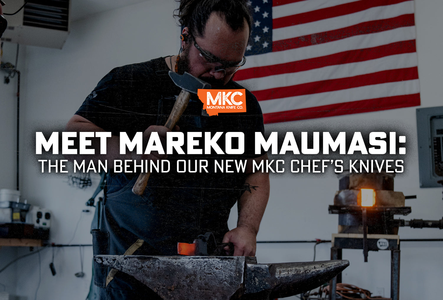 Mareko Maumasi working on chef's knives at a worktable.