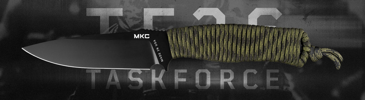 TF26 Taskforce knife with a black blade and green paracord handle, designed for durability and outdoor use.