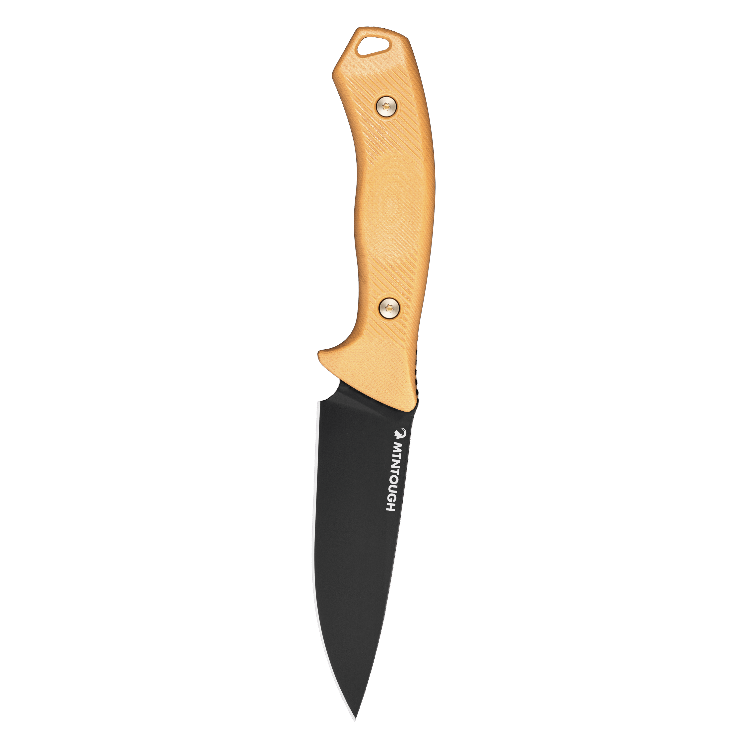 MTNTOUGH TF24 knife featuring a black blade and a durable tan handle, designed for outdoor and tactical use.
