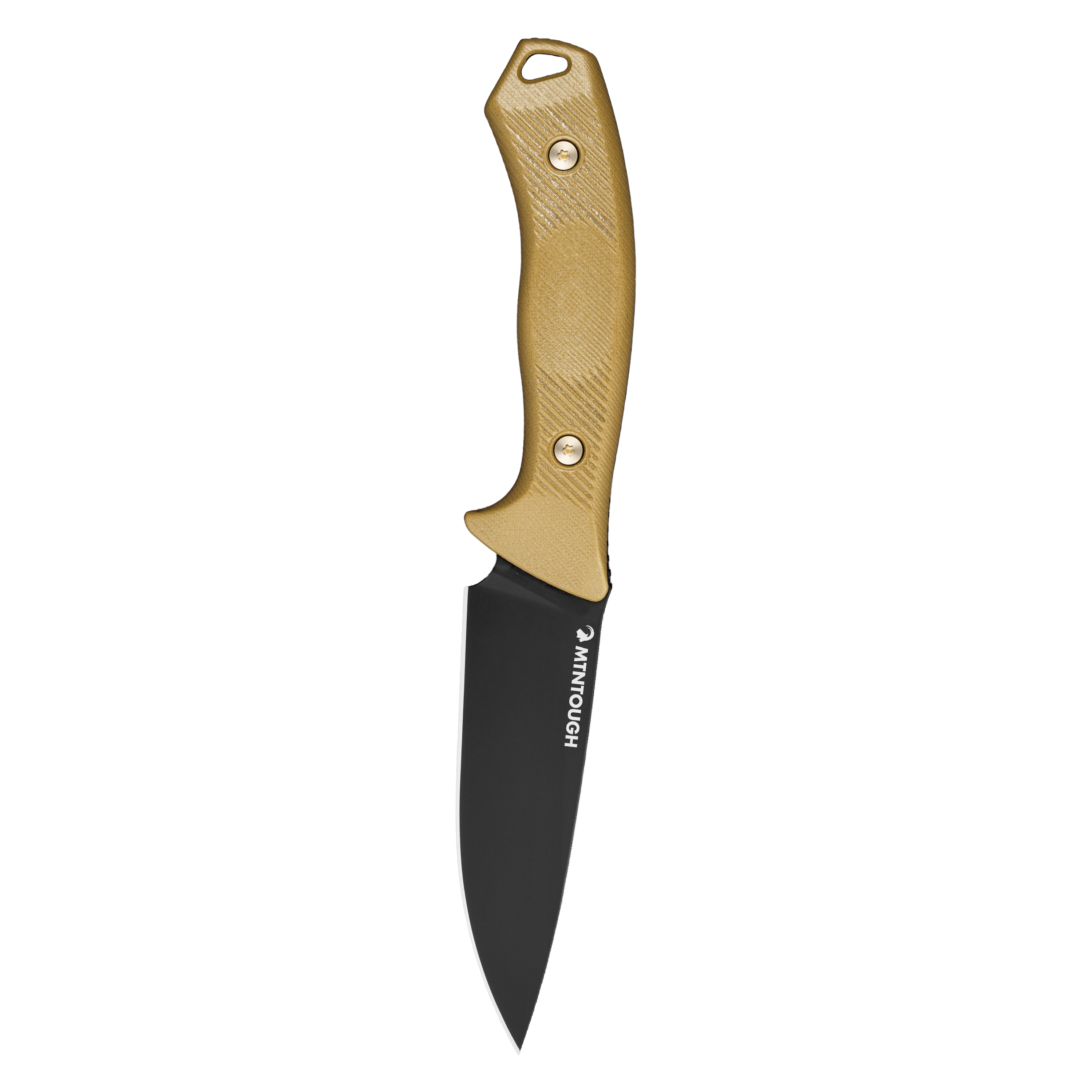 MTNTOUGH TF24 knife featuring a durable black blade and ergonomic tan handle, designed for outdoor and tactical use.
