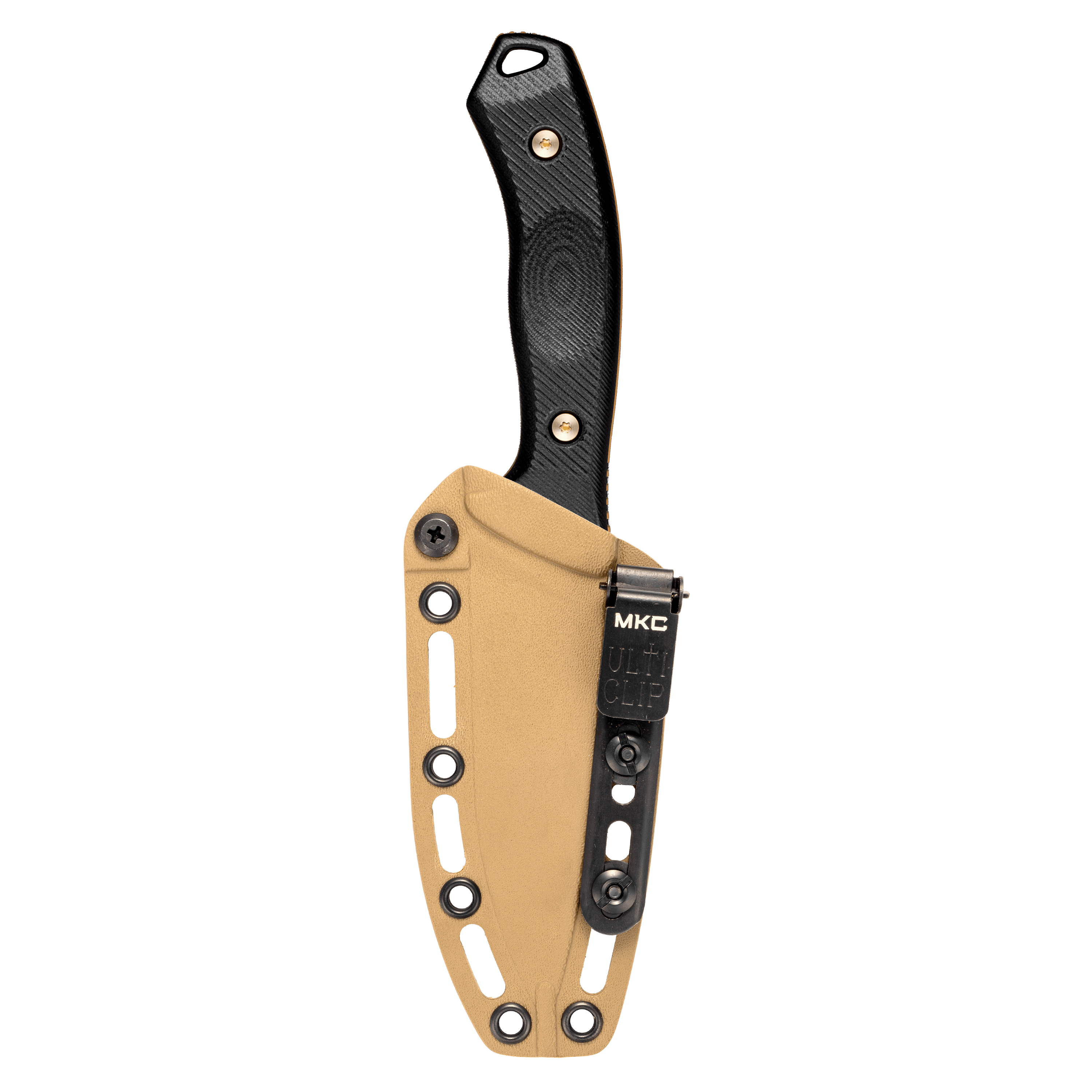 MTNTOUGH TF24 knife with a black handle and tan sheath, designed for durability and outdoor use.