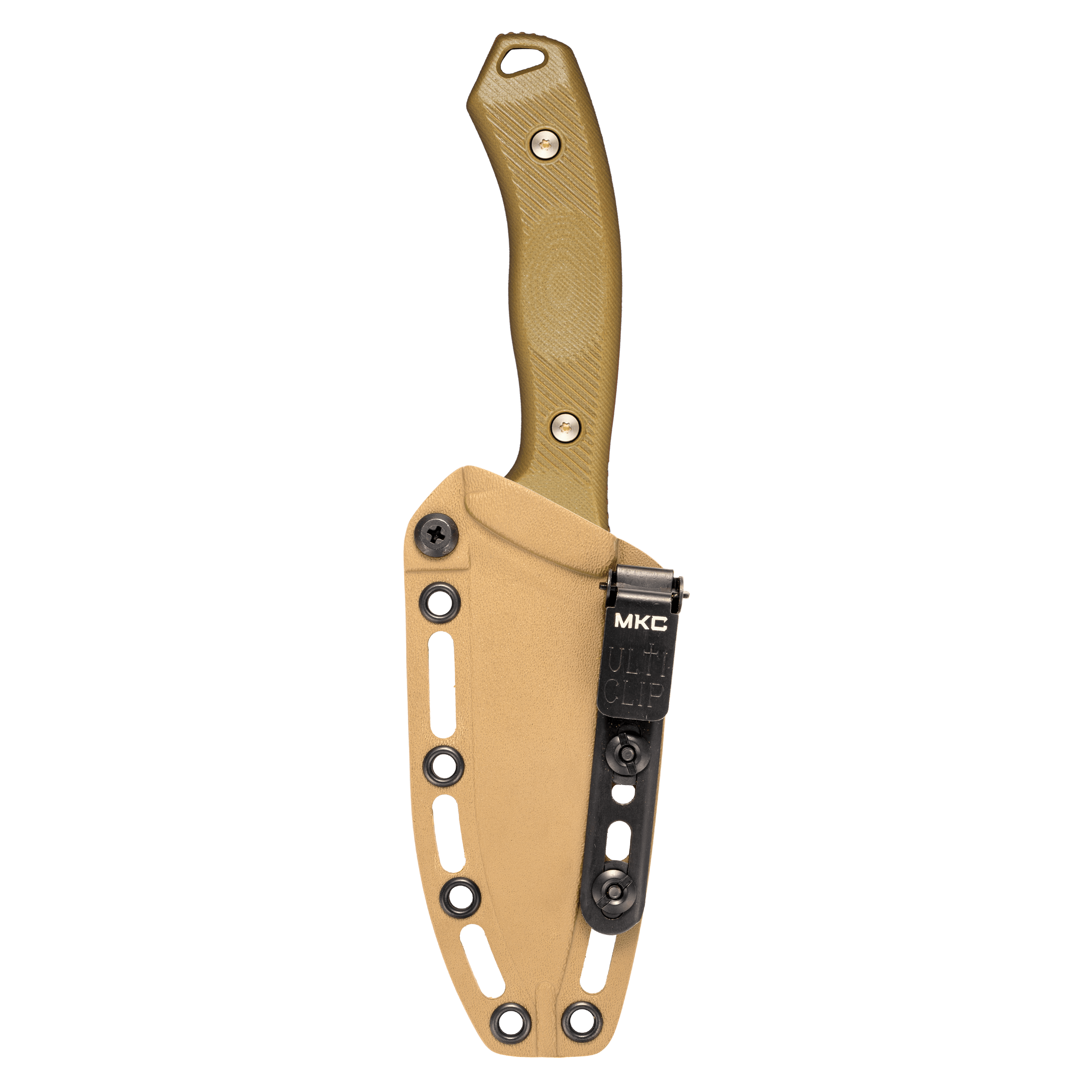 MTNTOUGH TF24 knife with a durable tan sheath and ergonomic handle, designed for outdoor and tactical use.