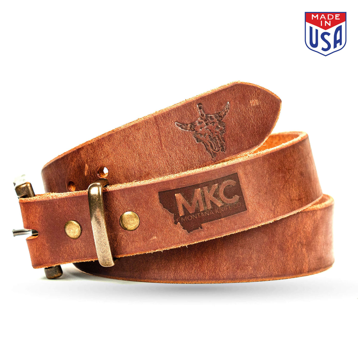 Makia Clothing Belt Brown Leather Silver Logo Matte Buckle Helsinki FInland OS No. 150, Claw Buckle Leather Belt, Hickory – Billykirk main image 2