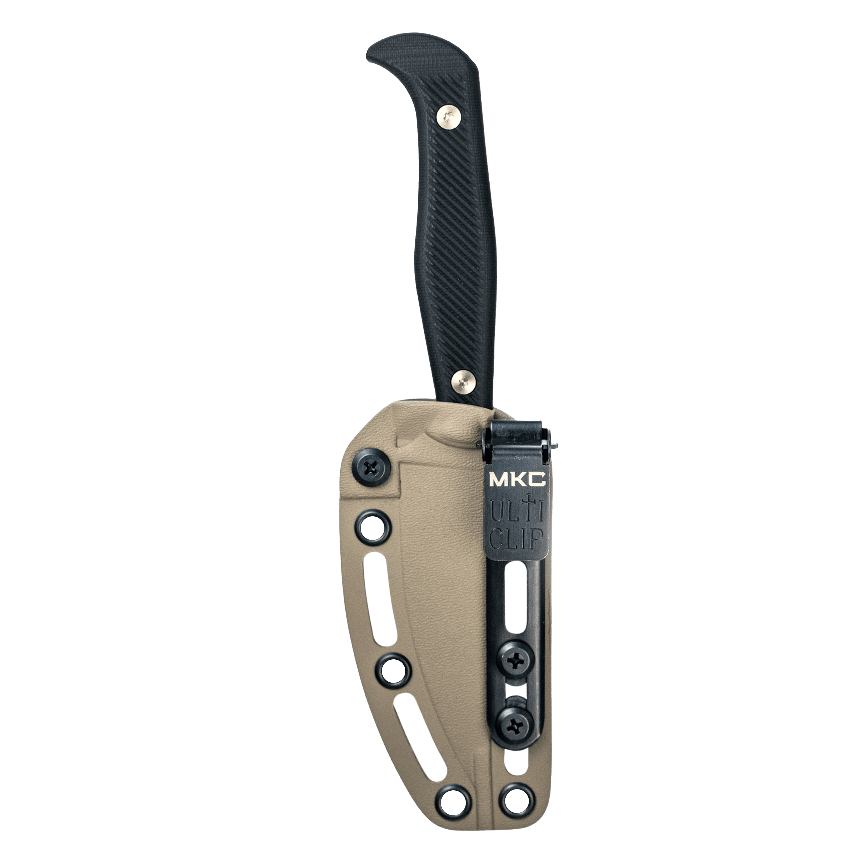 Alt text: "BATTLE GOAT folding knife in coyote black with a textured handle and a secure MKC multi clip holster."