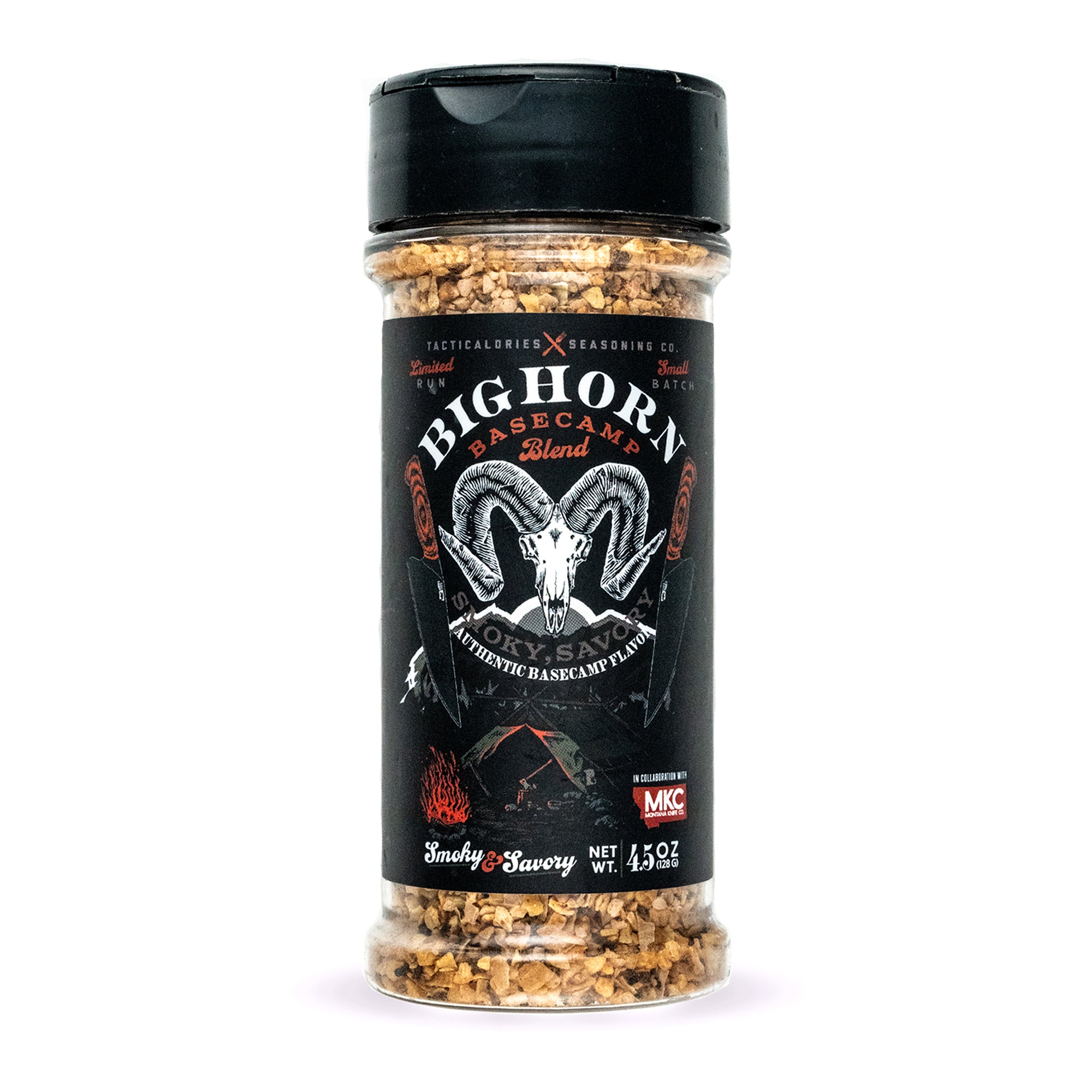 Alt text: "Bighorn Basecamp Seasoning bottle featuring a black label with white and red text, and a detailed illustration of a bighorn skull. The 4.5 oz container displays a mix of visible spices."