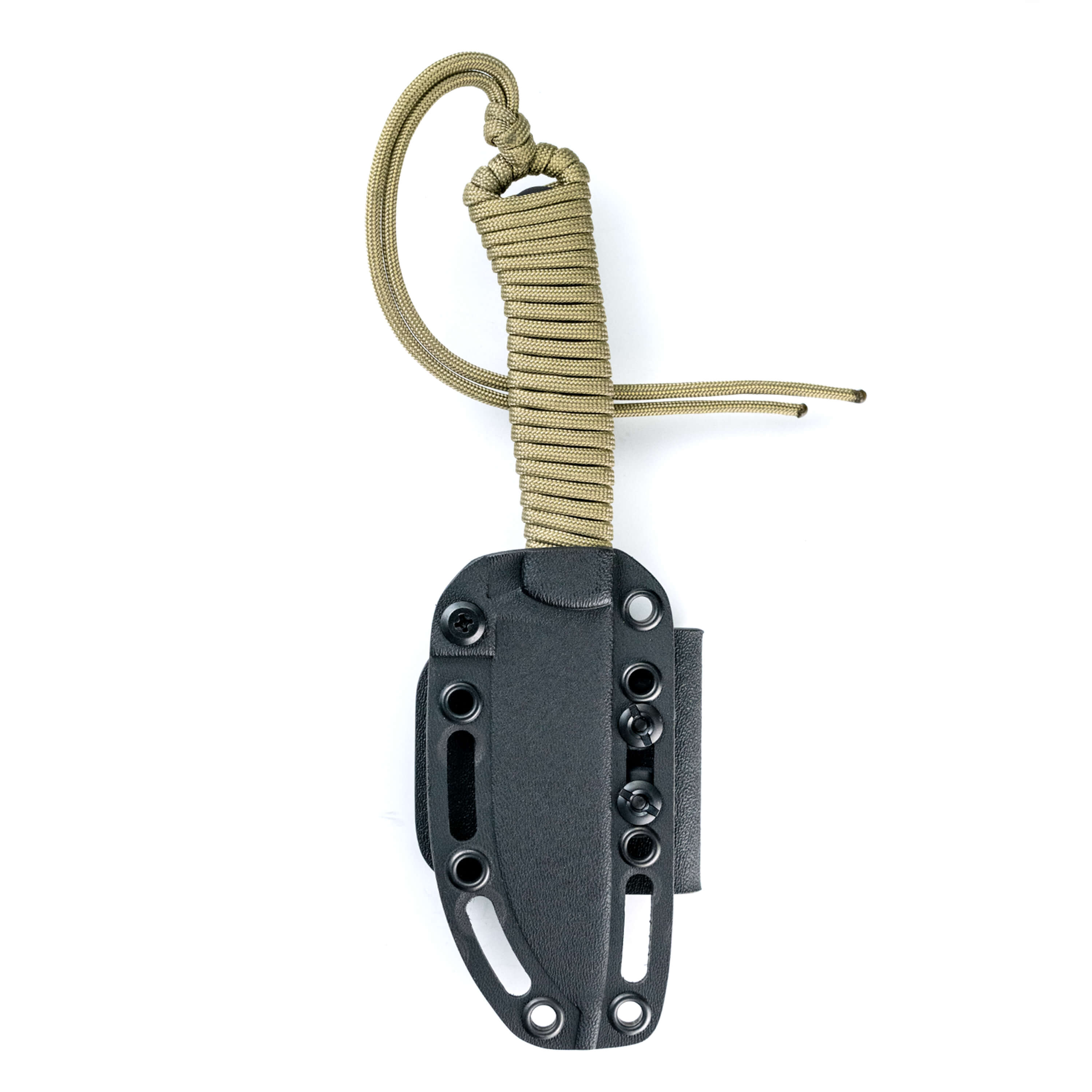 Alt text: "Wild Sheep Foundation Stoned Goat 2.0 knife with olive green paracord-wrapped handle, attached to a black Kydex sheath, displayed on a white background."
