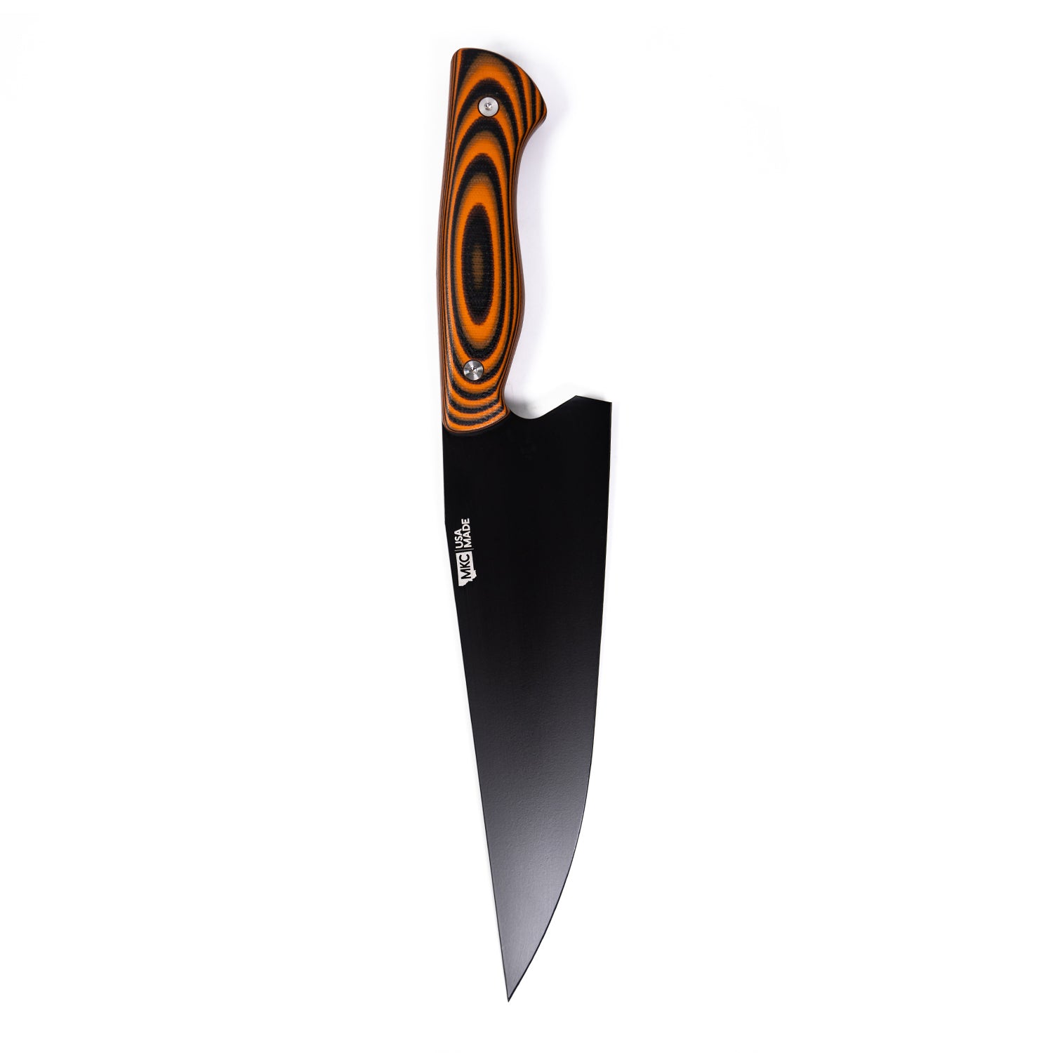 Alt text: "BIGHORN CHEF orange and black chef's knife with a boldly striped handle, featuring a sleek black blade isolated on a white background."