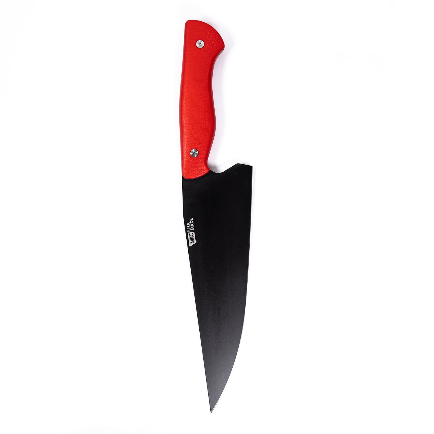 "BIGHORN CHEF kitchen knife with a vibrant red handle and a black blade, isolated on a white background."