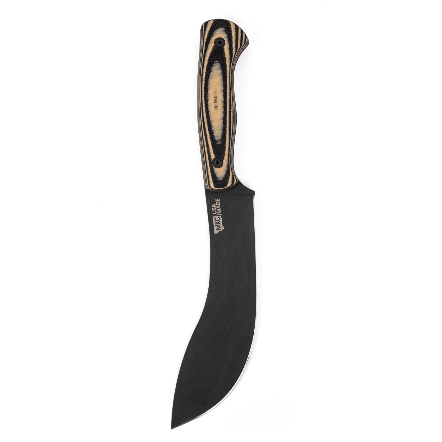 Alt text: "Beartooth Pro Skinning Blade with tan and black handle, featuring a curved black blade, isolated on a white background."