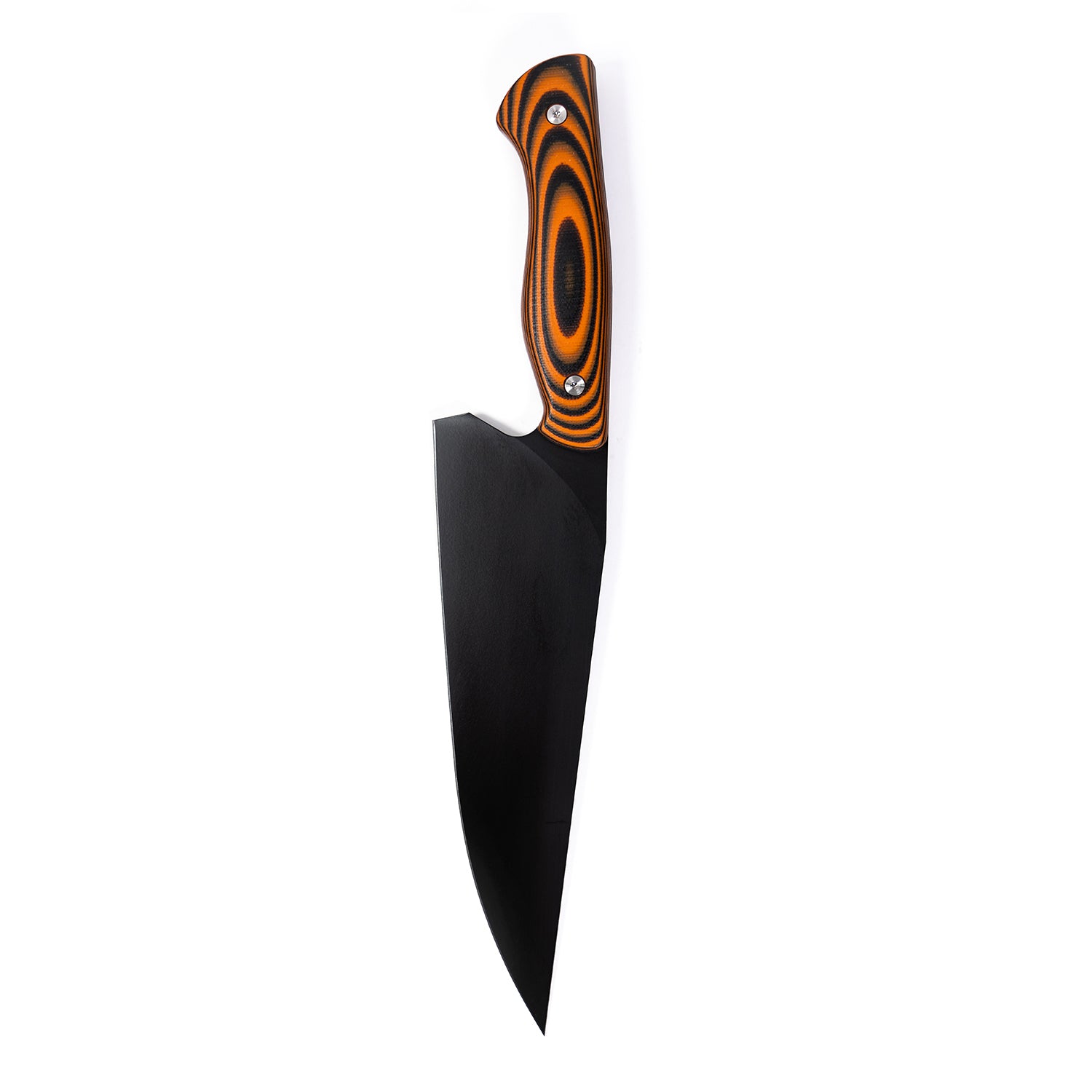 A Bighorn Chef knife with an orange and black striped handle and a black blade, displayed on a white background.