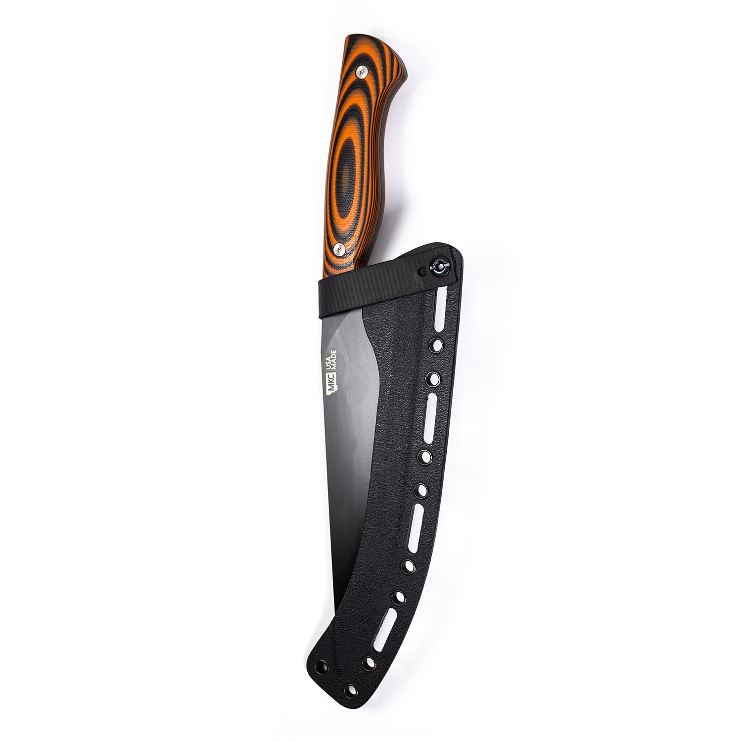 Alt text: "Bighorn Chef heavy-duty knife featuring an orange and black layered handle and a black blade with a protective sheath. The blade has multiple holes for reduced weight."