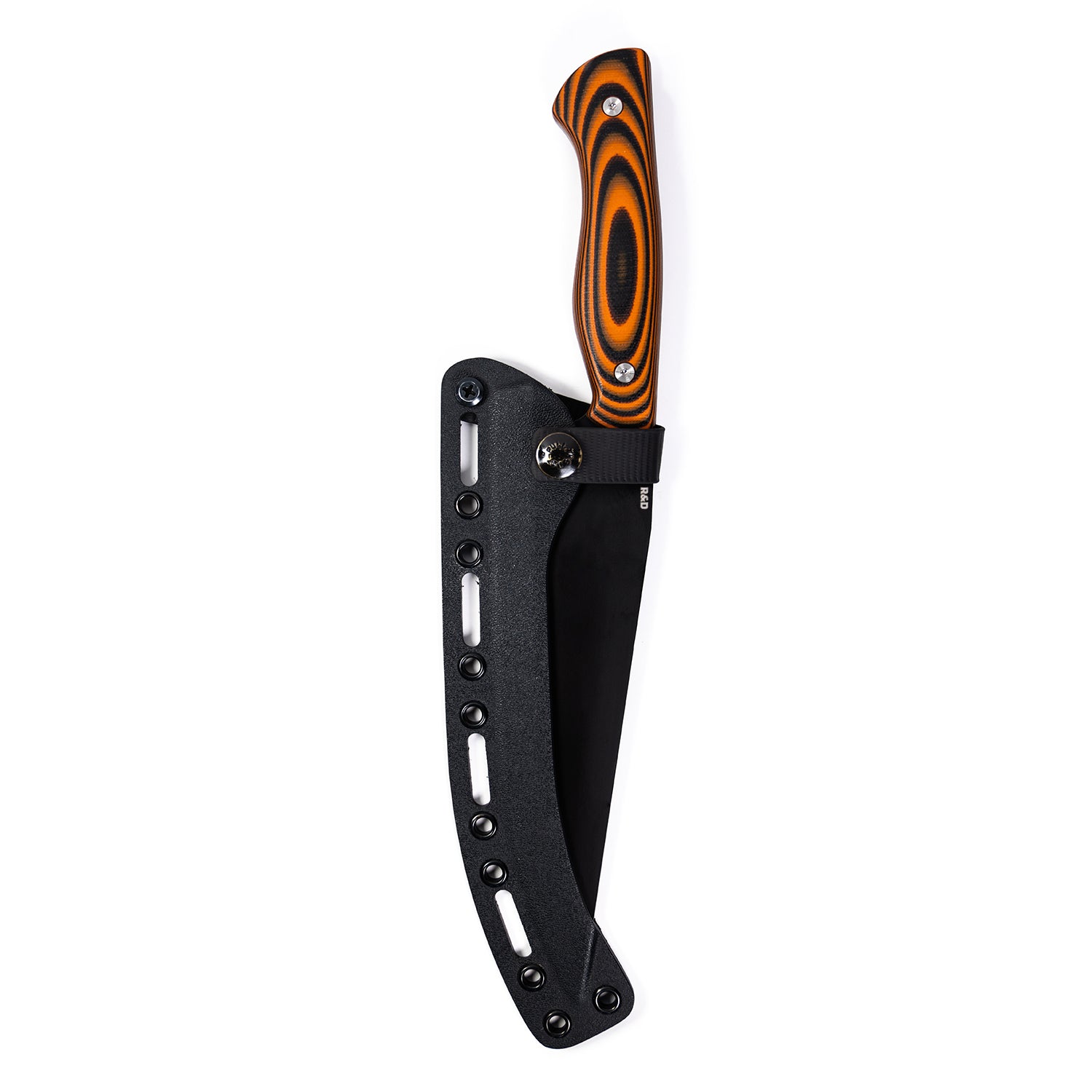 Alt text: "Bighorn Chef Orange and Black Kitchen Knife with a distinctive orange and black striped handle, securely attached to a black, vented sheath with a locking mechanism."