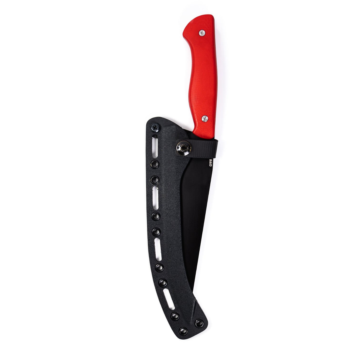 Alt text: "Bighorn Chef kitchen knife with a vibrant red handle and a protective black sheath, featuring a sleek design with multiple holes on the sheath for weight reduction."