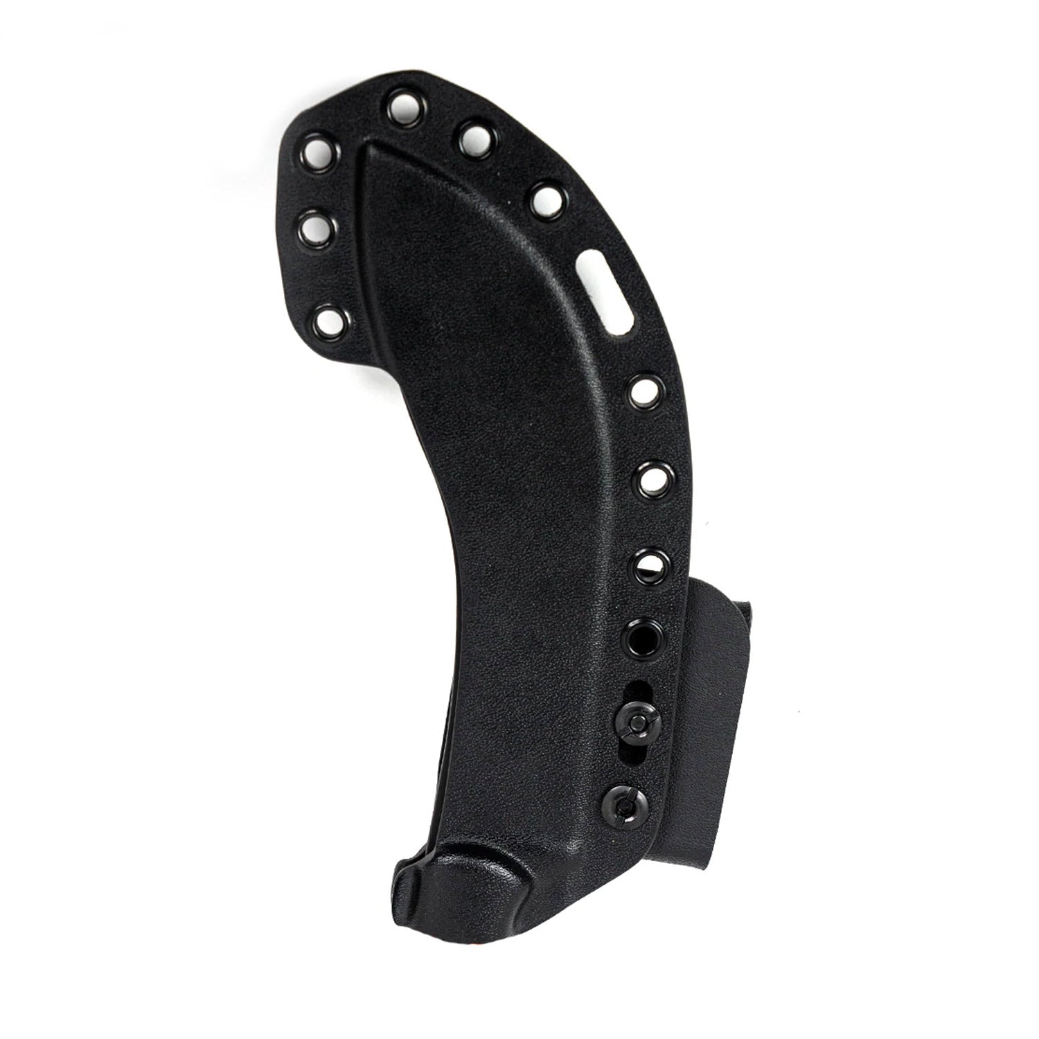 Alt text: Black Kydex sheath for Beartooth knife, shown against a white background, featuring multiple rivets and slots for adjustable attachments.